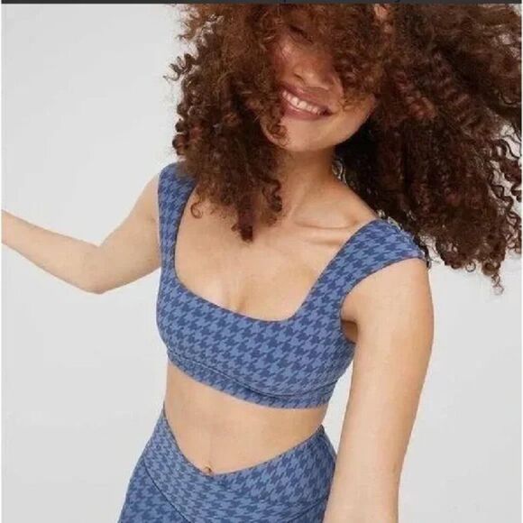 Aerie Offline Real Me Cap Sleeve Sports Bra Blue Houndstooth Size Large Unlined - Picture 1 of 5
